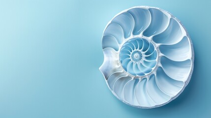 Obraz premium Nautilus shell in closeup, showcasing its intricate spiral pattern. The shell's geometric design is a stunning example of nature's artistry.
