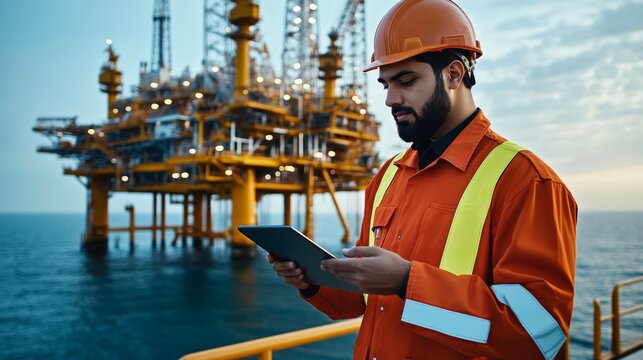 A Middle-Eastern male worker in an orange jumpsuit checks data on a tablet at an oil rig.