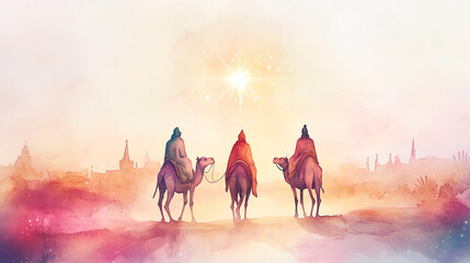 Three Wise Men in watercolor with their camels and vibrant colors, perfect Christmas art for festive decorations