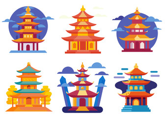 Fototapeta premium Set of asian pagoda buildings, traditional oriental architecture element representing culture of japan, china or korea. Asian collection culture element or traditional symbol of asia