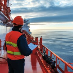 A male worker in an orange helmet surveys the calm sea from a ship deck during sunset.