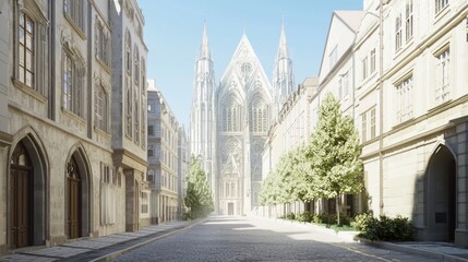 Gothic Cathedral in Modern Cityscape 3D Render - A Fusion of Historical and Contemporary Architecture in Lively Urban Setting