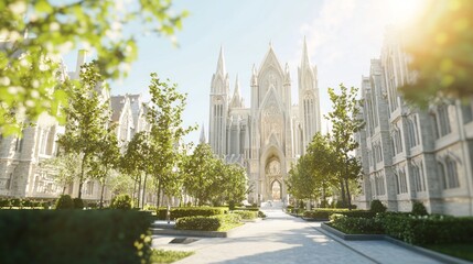 Naklejka premium Gothic Architecture 3D Render of Lively Street Scene with Cathedral, Blending Modern Life and Historical Beauty