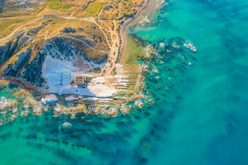 Punta Bianca, near Agrigento in Sicily Italy. Beach with ruins of an stone house on white cliffs. © Zedspider
