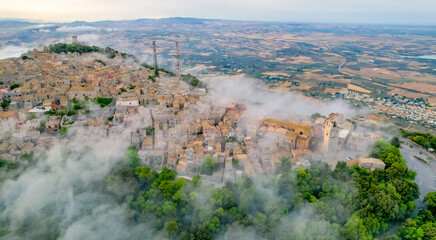 Aerial view of historic town of Erice near Trapani. Castello di Venere, Sicily, Italy.