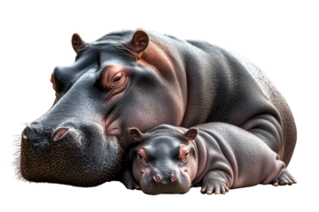 A majestic mother hippo resting with her adorable baby beside her, showcasing their bond in a serene moment.