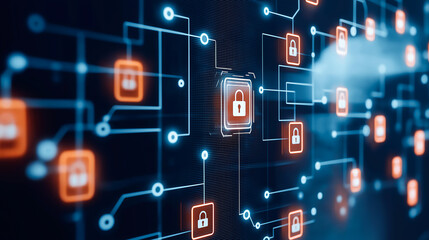 Fototapeta premium Abstract digital network with interconnected locks, symbolizing cybersecurity and data protection in a modern technological environment.