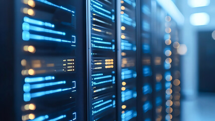 Close-up view of modern data server racks with dynamic blue lighting and digital displays, showcasing technology and connectivity.