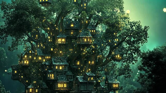 A large tree with many houses built into its branches stands in the moonlight, creating a magical scene in the forest