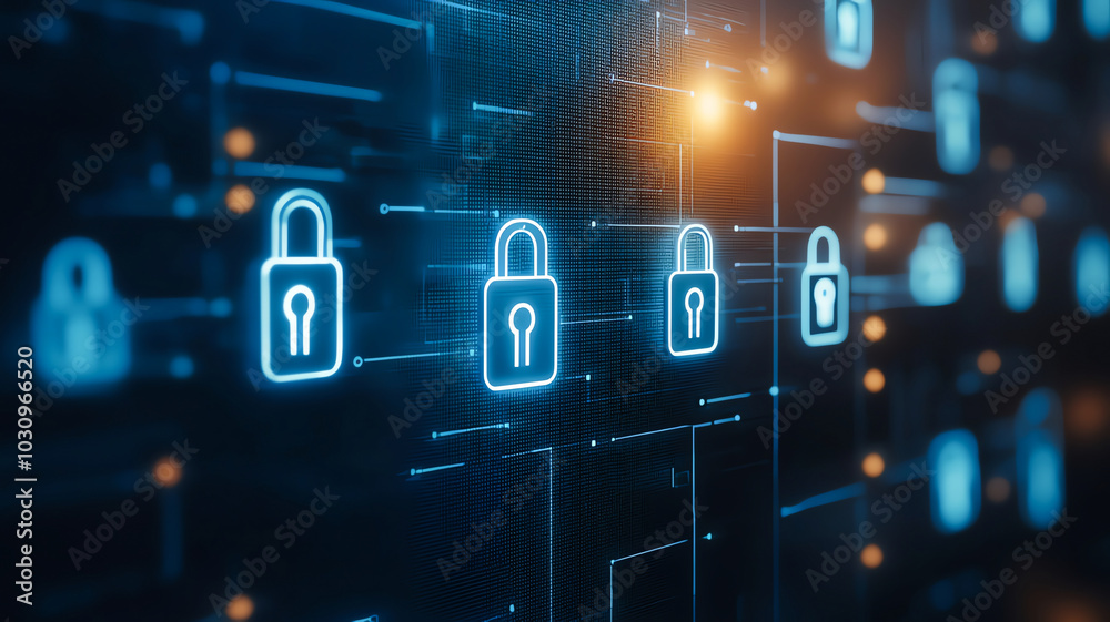 Poster abstract digital background featuring multiple glowing locks representing cybersecurity and data pro