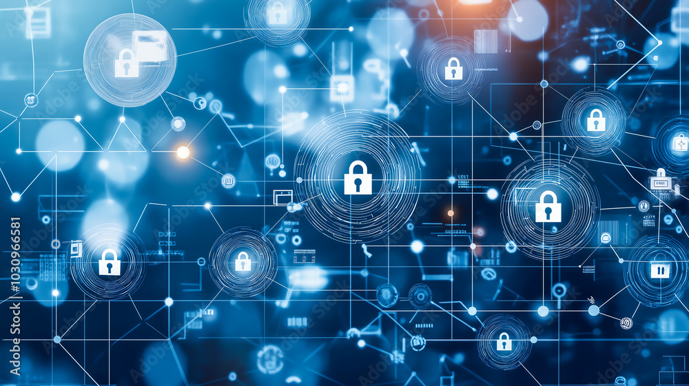 Poster abstract digital network background with padlocks representing security and data protection in a con