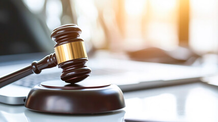 Wooden gavel resting on a desk, symbolizing justice, law, and courtroom proceedings in professional legal settings.