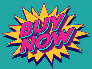 The words "buy now" in pop art retro style. Vector isolated on white