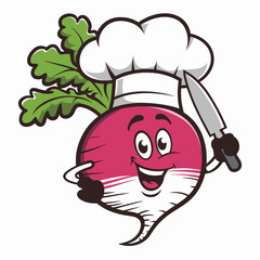 Cheerful Radish Chef Cartoon Character with Knife
