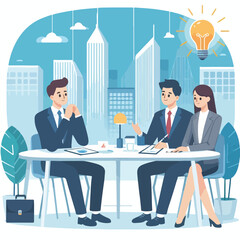 Obraz premium Partners meeting for business discussion with documents and laptop on desk. Couple at round table, speaking, discussing work, partnership. Flat vector illustration isolated on white background 