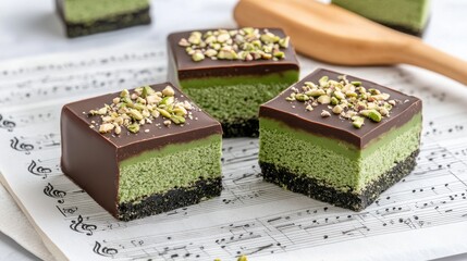 Three chocolate bars filled with vibrant green matcha are perfectly arranged on sheet music, complemented by scattered pistachios for an appetizing touch