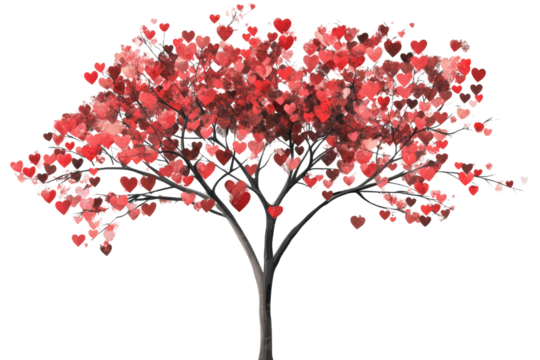 A vibrant red tree with heart-shaped leaves against a white background, symbolizing love and nature's beauty.