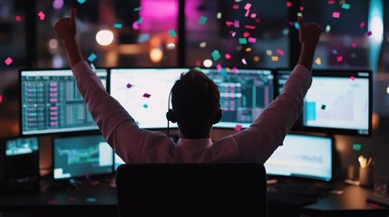 Successful Trader Celebrating in Front of Multiple Screens in a Bullish Market