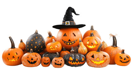Heap of Jack O Lantern Halloween pumpkins with various different designs and witches hat isolated on transparent background