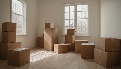 Moving boxes scattered in an empty room, representing the downsizing process. The image highlights the transition to a smaller, more manageable space and embraces a minimalist lifestyle