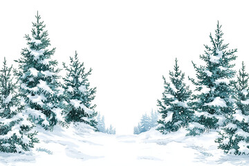 Obraz premium A serene, snowy winter forest landscape featuring tall evergreen pine trees covered in fresh snow. The scene has a calm and peaceful atmosphere, ideal as a seasonal background or holiday card backdrop