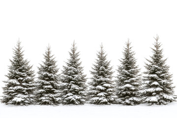 A serene row of evergreen trees blanketed in fresh snow, set against a clean white background. 