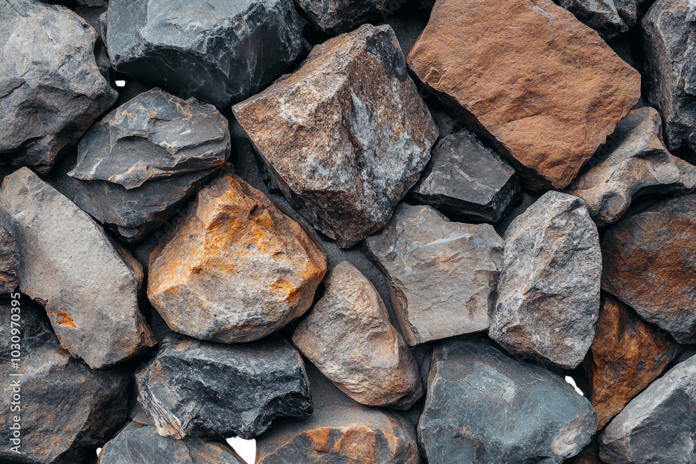 Poster Collection of natural stones and rocks in various textures and colors, ideal for backgrounds or design projects.