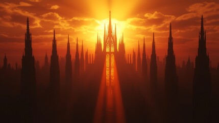 Obraz premium Majestic Gothic Church with Dramatic Sunset Light - 3D Render Illustration