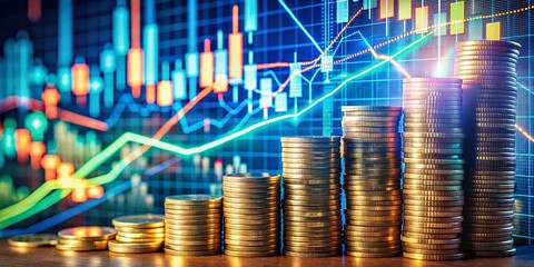 Upward Trend in Stock Market: Macro Photography of Ascending Financial Graphs and Bullish Symbols