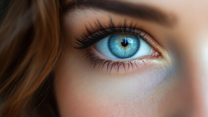 Obraz premium close-up of a person’s blue eye, showcasing the intricate details of the iris and the surrounding skin textures