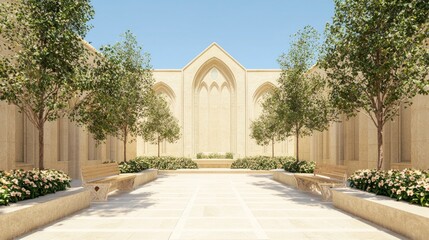 Serene Gothic Monastery Courtyard with Stone Benches and Blooming Flowers 3D Render Illustration