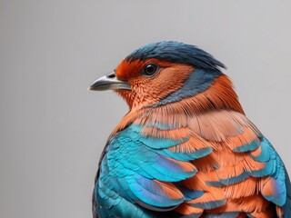 A tight shot of a bird's back displaying orange and blue feathers.