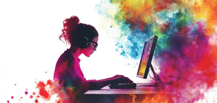 Silhouette of woman working on computer in colorful background