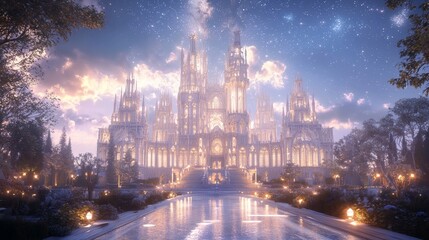 Obraz premium Enchanting Gothic Castle at Night with Illuminated Turrets in Serene Landscape - 3D Render Illustration