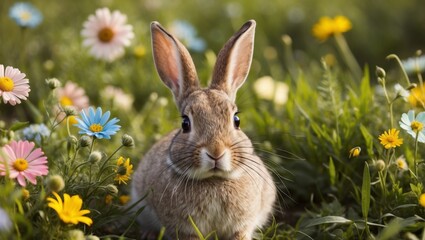Enchanting Rabbit Amid Lush Meadow with Wildflowers in Soft Sunlight.
