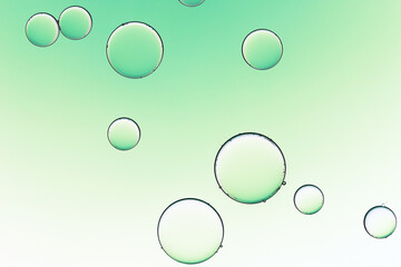 Macro close up of water bubbles with copy space on green background