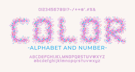 Retro font made of colorful dots. LED digital letters Alphabet with uppercase, numbers and symbols.