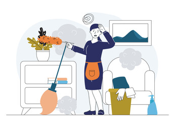 Exhausted cleaning lady. Housewife with emotional burnout. Overworked and tired woman in home. Household chores and routine. Cleanliness and hygiene. Linear vector illustration