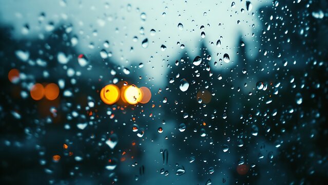 close-up view of a window with raindrops on it, with blurred street lights in the background creating a bokeh effect, which is interesting due to its atmospheric and moody aesthetic