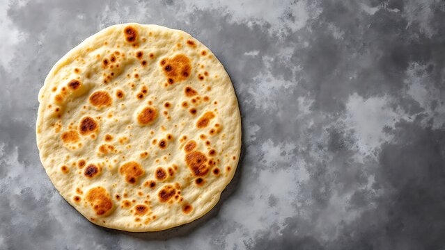 single round flatbread with brown spots on a textured grey surface, highlighting the simplicity and rustic appeal of homemade bread