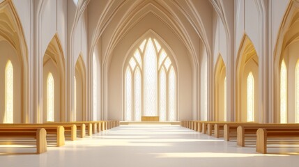 Obraz premium Tranquil Serenity in Gothic Chapel - Enchanting 3D Render of Illuminated Pews and Stained Glass Ambiance