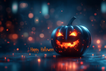 A sleek, brightly lit minimalist background featuring a smiling pumpkin with "Happy Halloween" written in clean, stylish font below.