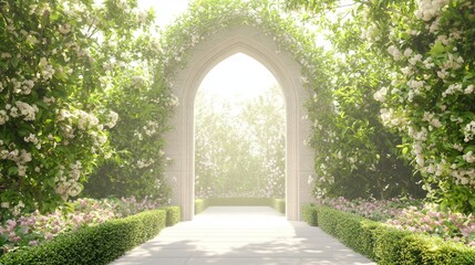 Gothic Architecture Garden Oasis - 3D Render Illustration with Intricate Details of Archway, Vines, and Flowers for Serene Ambiance