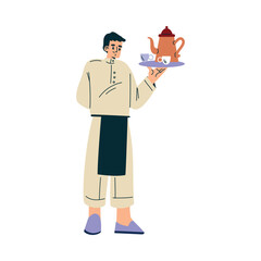 Man Waiter at Cafe Standing in Apron with Tea on Tray Vector Illustration