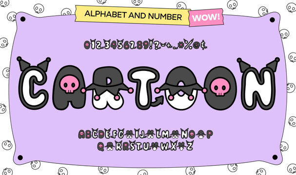 Cute cartoon kawaii font in black and pink color with symbols and numbers.