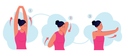 Woman stretching hands. Female person stretch posture exercise for pulling arm back neck shoulder elbow, pain treatment girl physical exercise in home or office vector illustration
