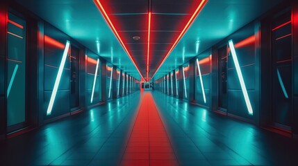 Neon-lit hallway with blue and red lights