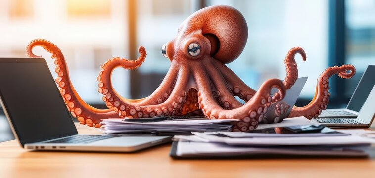 An octopus with tentacles typing on multiple laptops and handling paperwork, symbolizing multitasking and workload management