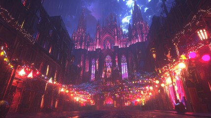 Illuminated Gothic Cathedral at Vibrant Street Festival - Ultra-Detailed 3D Render Illustration