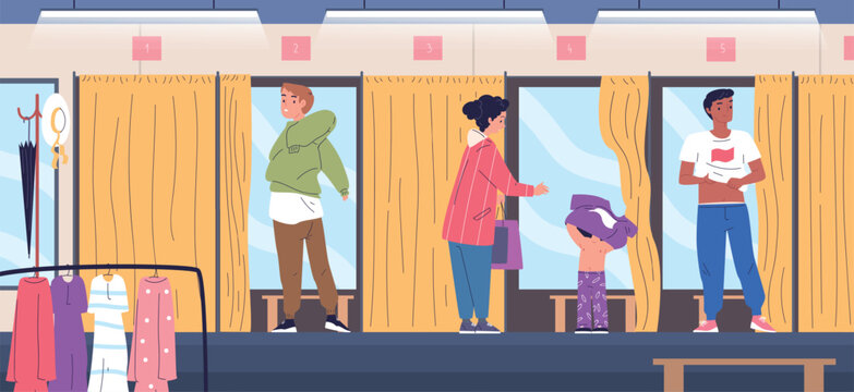 Fashion fitting room. People choose and trying apparel mirror in dressing cabin curtains clothing shop mall store interior, new trendy clothes shopping, classy vector illustration